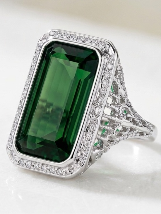 Dana Buchman Jewelry - Green Emerald-Cut Statement Ring - Silver Tone
